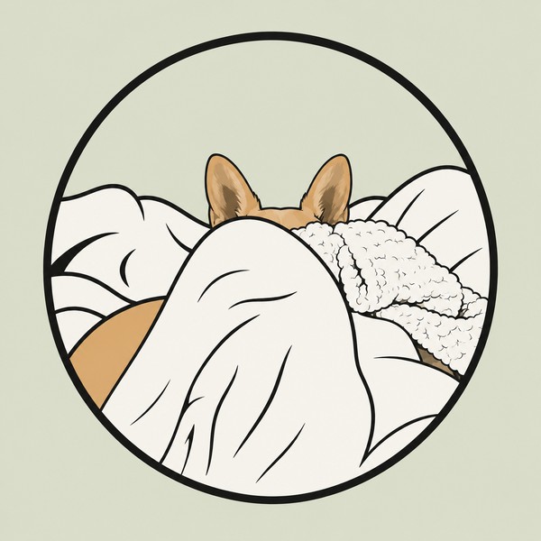 Illustration of Curry the dog hiding under a blanket, only her ears visible