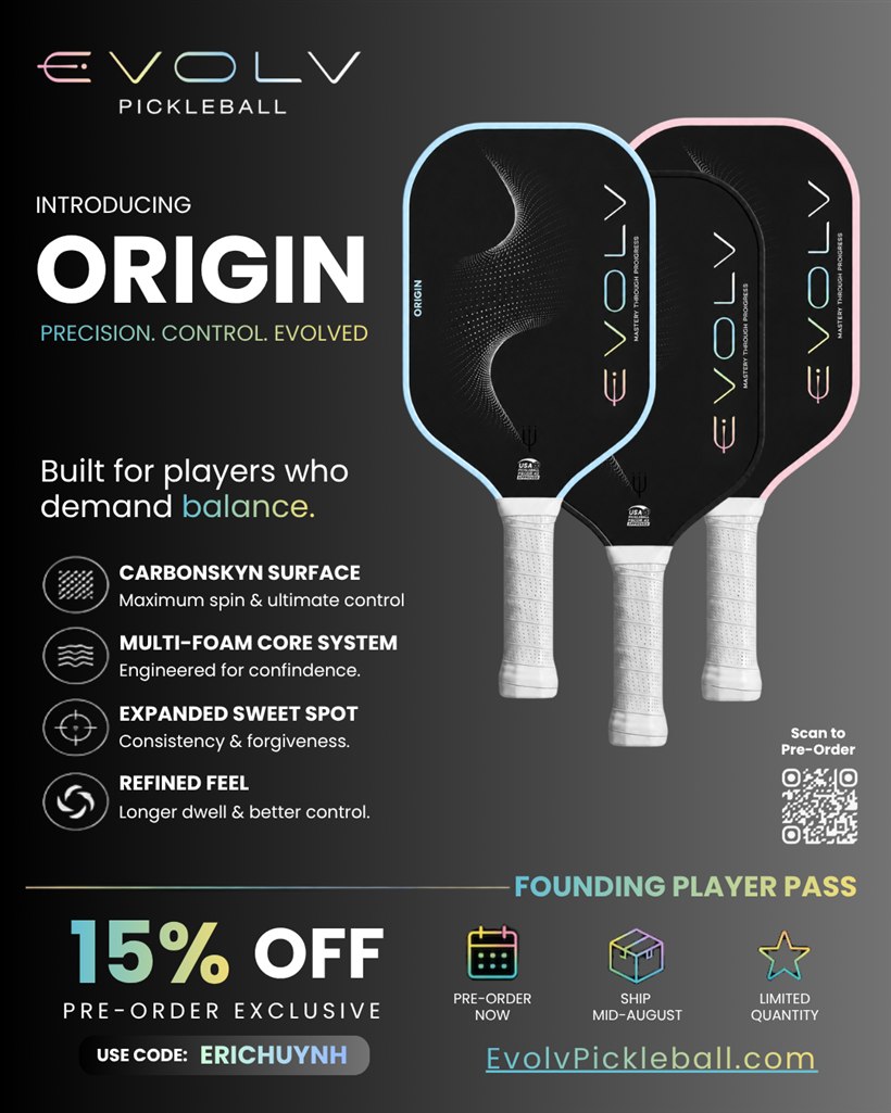 EVOLV Origin pre-launch flyer — 15% off pre-orders with code ERICHUYNH, ships mid-August