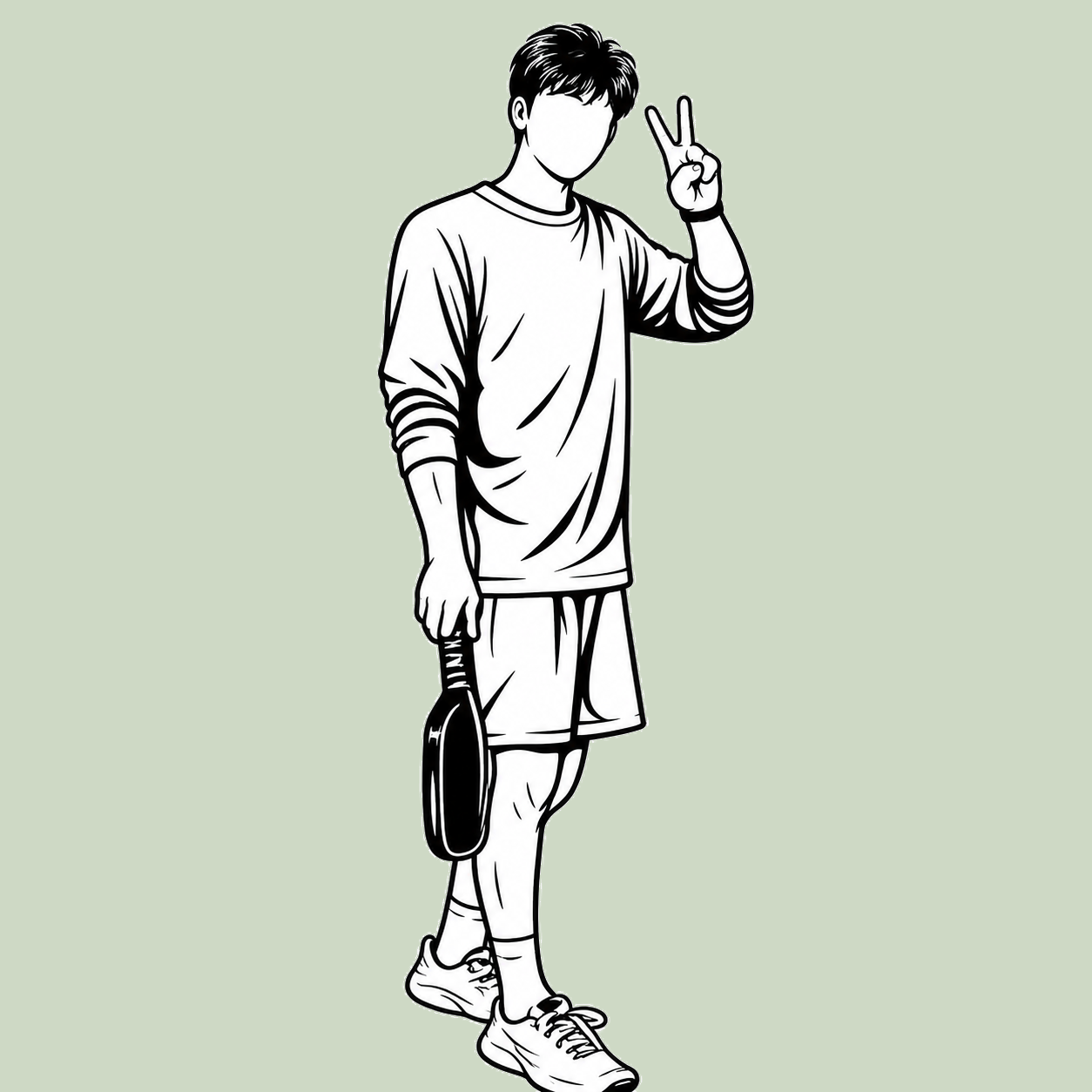 Illustrated portrait of Eric holding a pickleball paddle, giving a peace sign